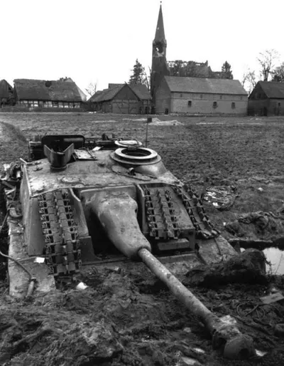 The remains of a German StuG IIII Ausf G stuck in the mud of Brandenburg