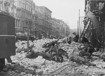 The bodies of dead German soldiers on a pile of stones on Friedrichstrasse in Berlin