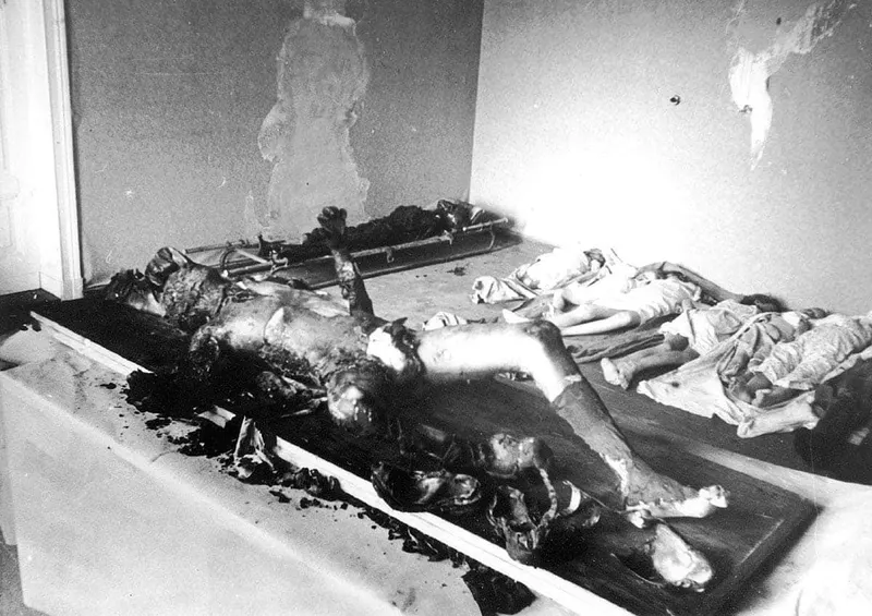 The bodies of Joseph and Magda Goebbels, and their six children, following their discovery by Soviet troops in May 1945