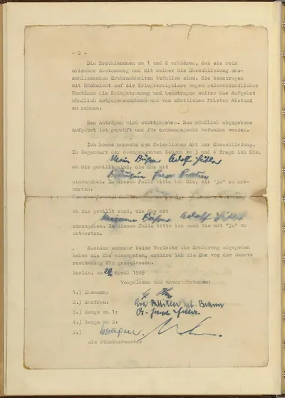Adolf Hitler&apos;s marriage certificate (notice that Eva Braun intially starting writing BRAUN before correcting to HITLER)