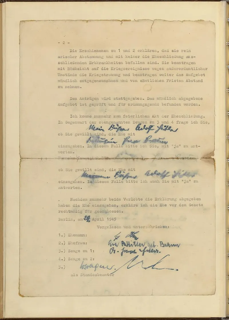 Adolf Hitler's marriage certificate (notice that Eva Braun intially starting writing BRAUN before correcting to HITLER)