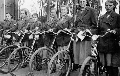 A section of the National Labour Service’s female branch (RADwJ) prepare to mount their bicycles and support their male defenders by delivering messages or other tasks