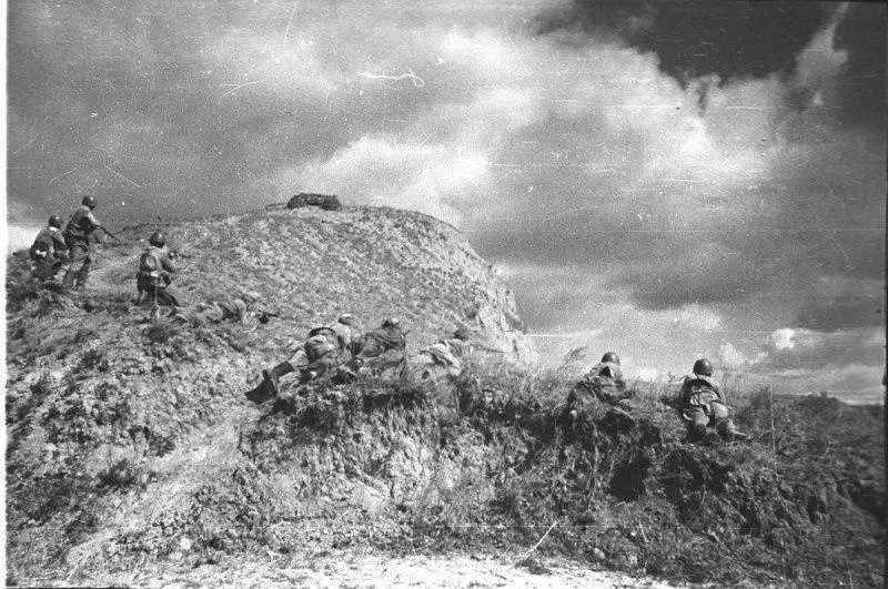 Soviet troops reenacting an attack on German positions