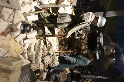 Arquebus Krigshistorisk Museum Norway. WW2 Battle of Berlin 1945 diorama. Nazi Germany Ordnungspolizei Waffen-SS soldier uniforms weapons Luftschutz helmet Soviet Red Army T-34-85 tank mannequins ruins debris etc (2020) DSC08352