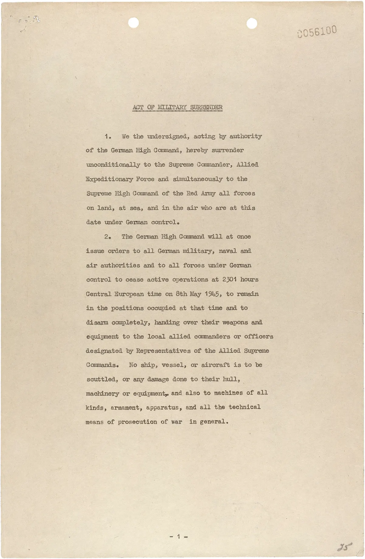 German Instrument of Surrender (May 8, 1945) - page 1